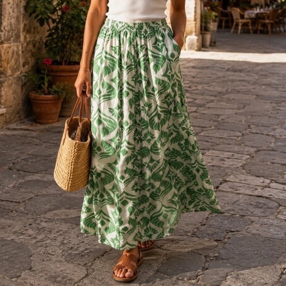 Christian Siriano Dresses & Skirts - Christian Siriano Skirt Women M Green White Linen Midi Breathable Mediterranean